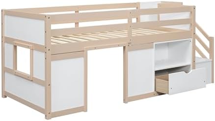 Bellemave Twin Size Low loft Bed for Kids,Wood Loft Beds,Modern Farmhouse Twin loft Bed,Loft Bed with Desk and Storage, No Box Spring Needed,for Kids, Cream White and Natural