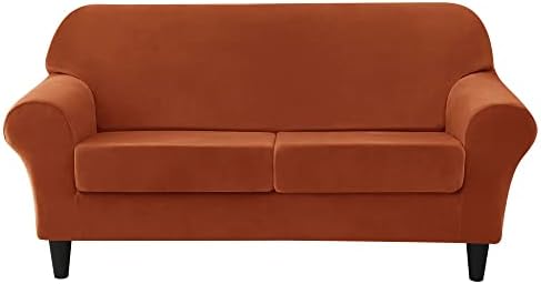OBCREAT 3 Pieces Sofa Slipcover Stretch Velvet Sofa Covers for 2 Cushion Couch Loveseat Covers Soft Couch Cover with Elastic Bottom Non Slip Furniture Protector for Pets Kids (Burnt Orange, Medium)