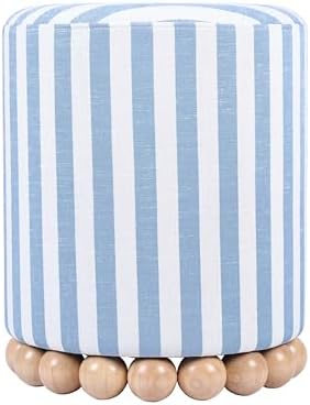 First of a Kind Ottoman Foot Rest - Pastel Blue Round Ottoman Stool with Solid Wood Spherical Orbs - 15.7" W x 15.7" D x 18.3" H - Handmade, Easy Clean, 330 lbs Weight Capacity