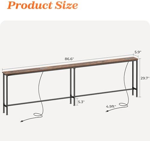 SUPERJARE 86.6 Inch Sofa Table with 2 Power Outlets and USB-C Ports, 5.9 Inch Narrow Console Table with Storage, Long Entryway Hallway Couch Table Behind Sofa, Small Spaces, Living Room, Rustic Brown