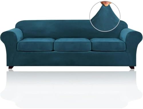 PrinceDeco Velvet Couch Covers for Sofa Soft 4 Pieces Couch Covers for 3 Cushion Couch Sofa Pet Friendly Furniture Protector with Non Slip Elastic Bottom Width Up to 97 Inch (Large Sofas, Deep Teal)