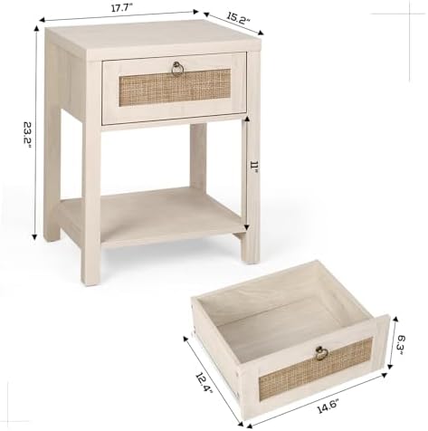 VOWNER Rattan Nightstands Set of 2 - Farmhouse Bedside Table Night Stand with Drawer and Storage Shelf, Boho End Side Table for Bedroom, Mesitas De Noche para Dormitorio, Light Oak