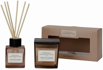 French Connection Square Range Scented Candle & Reed Diffuser Gift Set | 220g Shea Butter Wax Candle & 100ml Diffuser | Glass Jar Design | 37-Hour Burn Time | Gift Box (Praline & Cream)