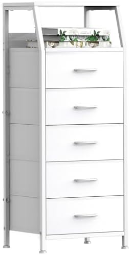 5 Drawers White Tall Fabric Dresser for Bedroom, Dorm Nightstand