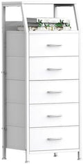 5 Drawers White Tall Fabric Dresser for Bedroom, Dorm Nightstand