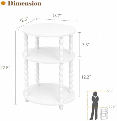 3-Tier Oval Side Table, Small End Table with Solid Wood Spindle Legs White