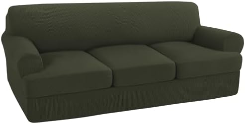 Turquoize 4 Piece T Cushion Sofa Slipcovers Stretch Couch Cover Furniture Covers with 3 Individual T Cushion Covers, Machine Washable (3 Cushion Sofa, Olive)