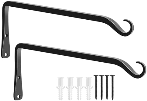 FEED GARDEN Heavy Duty Plant Hooks - 2 Pack 12 Inch Wall Mounted Hanging Brackets, 48lb Capacity Steel Plant Hangers for Bird Feeders, Baskets, Wind Chimes Outdoor Indoor- Black