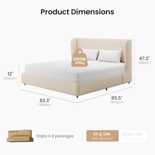 ModernMate King Upholstered Platform Bed Frame, Wingback Headboard, Beige