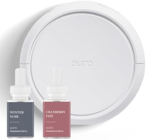Pura Home Fragrance Device Starter Set - Pura 4 - Scent Diffuser for Home - Includes Fragrance Aroma Diffuser - Square Box, Winter Noir and Cranberry Fizz Scent Refills