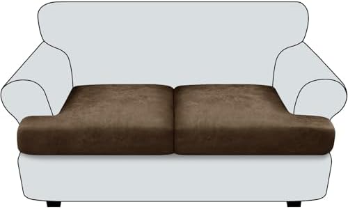 T Cushion Loveseat Sofa Cover Leather-Look 2PC Stretch Sofa Seat Cushion Slipcover Individual Couch Seat Covers with Elastic Bands, Pet-Friendly, Non-Slip, Easy Fit - Dark Brown