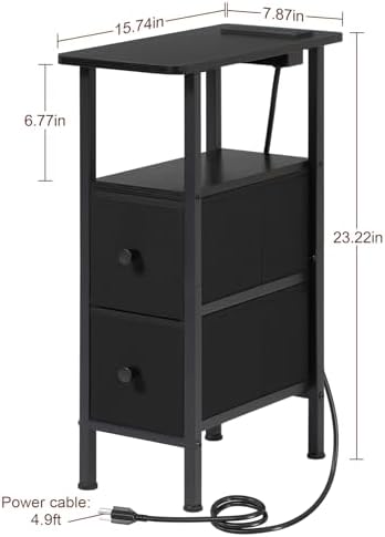 LOAKEKEL Narrow End Table with Charging Station, Small Nightstand