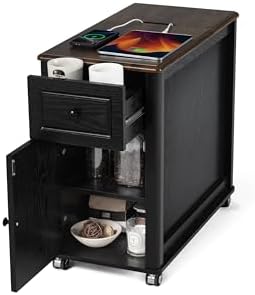 Rolling End Table with Wheels&Charging Station,Side Table with Drawer,Black