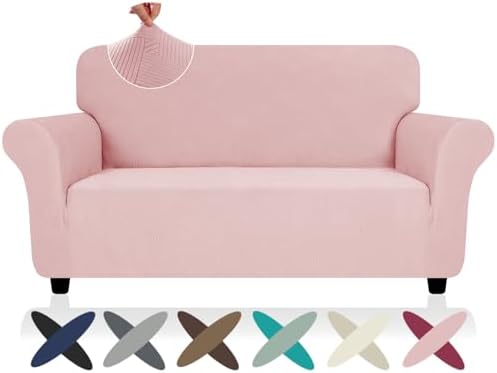 ZNSAYOTX Super Stretch Loveseat Covers (57"-70"), New Striped Love Seat Slipcover, Dogs Pet Friendly Anti-Slip Couch Protector Spandex Durable 2 Seater Fabric Sofa Cover (Rose, Loveseat)