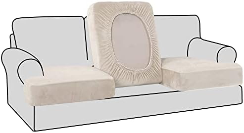 H.VERSAILTEX Stretch Velvet 3 Piece T Cushion Sofa Slipcovers Individually Covers for 3 Cushion Couch Seat Cushion Covers for Sofa Seat Cushion Covers Stay in Place(Sofa, Ivory)