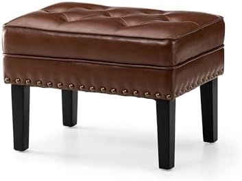 Glitzhome Faux Leather Foot Stool, Mid Century Modern Foot Stools Ottoman, Vintage Ottoman Tufted Square Vanity Seat, Coffee