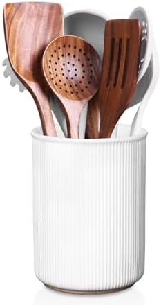 LoeJan 6.7" Utensil Holder, Ceramic Kitchen Utensil Holder with Cork Bottom, Large Utensil Crock for Countertop, Vintage Cooking Tool Organizer Set for Kitchen Counter Decor(White)