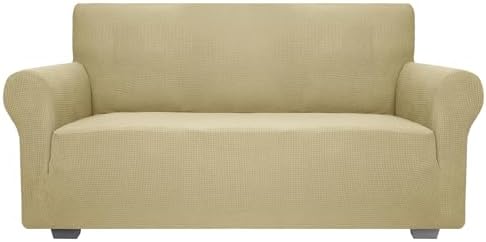 JIVINER High Stretch Loveseat Sofa Slipcovers 1-Piece Jacquard Couch Covers for 2 Cushion Couch Furniture Protector Washable Sofa Covers for Kids Pets Small Checks (Loveseat, Champagne)