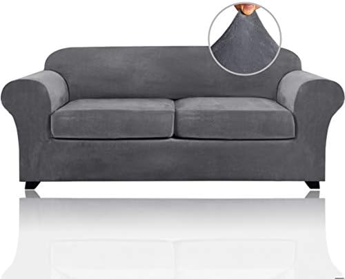 PrinceDeco Couch Cover Velvet Plush Sofa Covers for 2 Cushion Couch Width Up to 90 Inch Washable Furniture Protector Pet Friendly No Slip Sofa Slipcover(Medium-Large, Grey)
