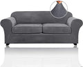 PrinceDeco Couch Cover Velvet Plush Sofa Covers for 2 Cushion Couch Width Up to 90 Inch Washable Furniture Protector Pet Friendly No Slip Sofa Slipcover(Medium-Large, Grey)