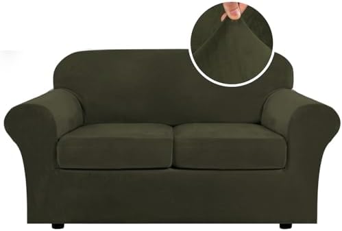 H.VERSAILTEX Real Velvet Plush 3 Piece Stretch Sofa Covers Couch Covers for 2 Cushion Couch Loveseat Covers Width Up to 72 Inch Feature Thick Soft Stay in Place (Medium Sofa, Olive)