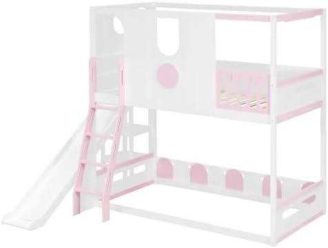 Merax Twin Size Playhouse Bunk Bed with Slide and Storage Shelves, Pink