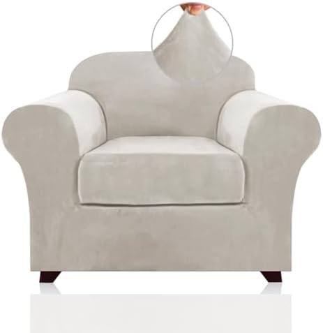 PrinceDeco Velvet Plush Couch Cover Stretch 2 Piece Chair Cover Chair Slipcover Washable Furniture Protector Couch Soft with Elastic Bottom Armchair Cover Width Up to 49 Inch(Small, Oatmeal)
