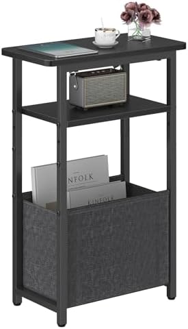 sthmec Narrow Side Table, Skinny End Tables with Fabric Basket, Small Side Tables for Small Space, 2-Tier Open Shelves with Basket, Slim Nightstands for Bedroom,Living Room,Office, Black