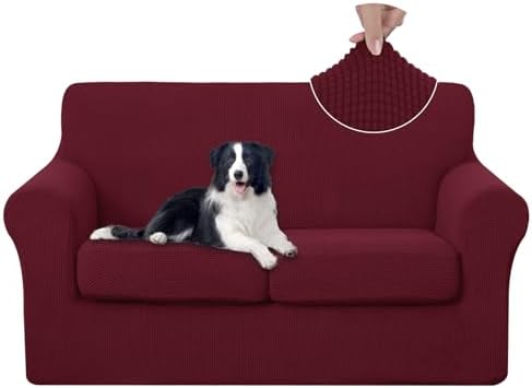 U-NICE HOME 3 Pieces Stretch Loveseat Couch Cover, Burgundy
