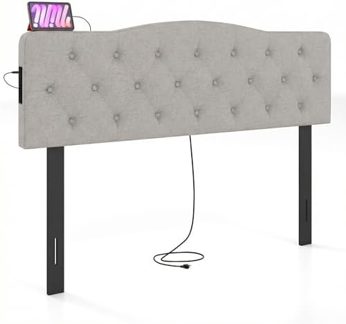 GIANTEX Headboard with Charging Station, Queen/Full Size Button Tufted Upholstered Head Board w/2 AC Outlets, USB & Type-C Ports, Rubber Wood Legs, Width Adjustable Modern Bed Headboard Only (Grey)