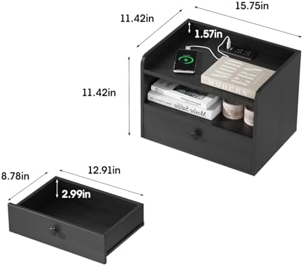 Floating Nightstand Set of 2 Modern Night Stands with Drawer and Open Shelf