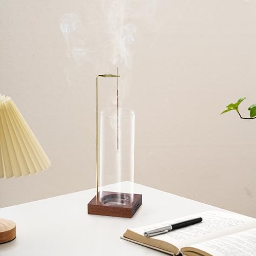 Ceremony Incense Holder, Wooden Incense Burner with Glass Ash Catcher (Transparent Round, One Glass)
