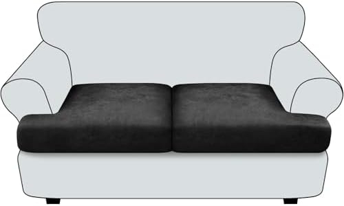T Cushion Loveseat Sofa Cover Leather-Look 2PC Stretch Sofa Seat Cushion Slipcover Individual Couch Seat Covers with Elastic Bands, Pet-Friendly, Non-Slip, Easy Fit - Black