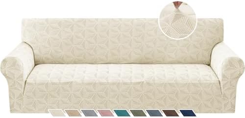 YEMYHOM 1 Piece Stretch Oversized Couch Covers for 4 Seat, Jacquard Extra Large Sofa Cover with Non-Slip Elastic Bottom, Thickened Slipcover Furniture Protector for Dogs Pets (X-Large, Beige）