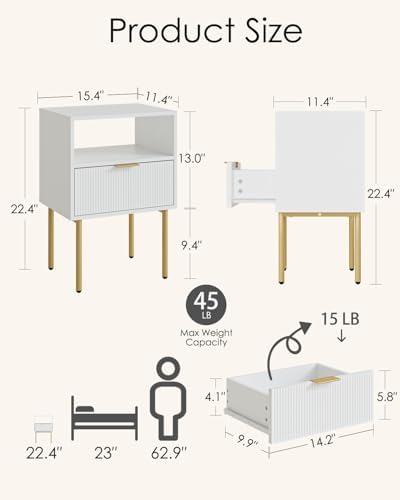 Aienvey Nightstand with One Drawer, White Stripe Night Stand and Gold Frame