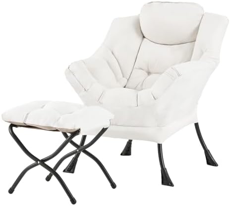 Welnow Lazy Chair with Ottoman, Reading Chair with Footrest, Beige