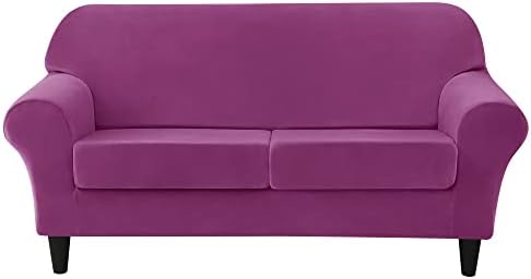 OBCREAT 3 Pieces Sofa Slipcover Stretch Velvet Sofa Covers for 2 Cushion Couch Loveseat Covers Soft Couch Cover with Elastic Bottom Non Slip Furniture Protector for Pets Kids (Purple, Medium)