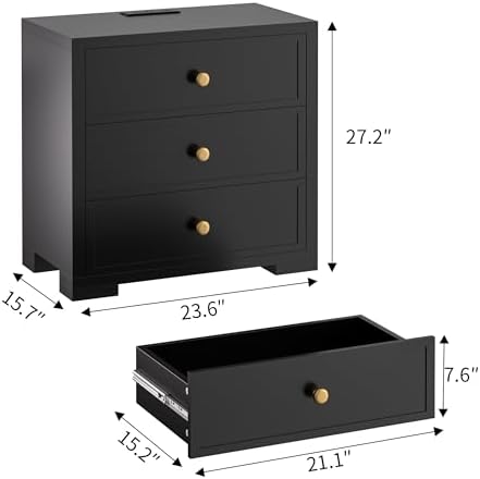 COWMOU Nightstand with Drawers 3 Drawer Night Stand with Charging Station Farmhouse Style Large Bed Side Table for Bedroom Living Room (1, Black)