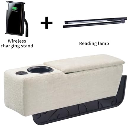 Multifunctional Couch Armrest, Sofa Armrest with Cup Holder, Removable Sofa Caddy with Storage,Equipped with LED Reading Light&Wireless Charge Stand,Almond