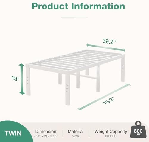 Novilla Twin Bed Frame, 18 Inch Metal Platform Bed Frame Twin Size with Storage Space Under Bed, Heavy Duty Steel Slat Support, Easy Assembly, No Box Spring Needed, White