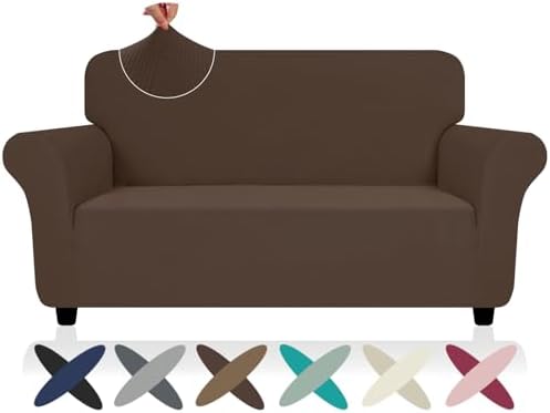 ZNSAYOTX Super Stretch Loveseat Covers (57"-70"), New Striped Love Seat Slipcover, Dogs Pet Friendly Anti-Slip Couch Protector Spandex Durable 2 Seater Fabric Sofa Cover (Coffee, Loveseat)