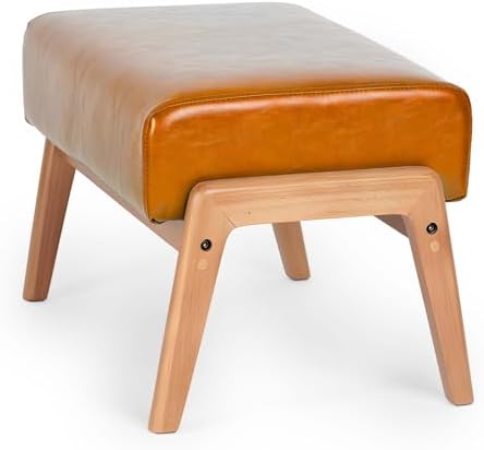 15inch Ottoman Foot Rest, Leatherette Ottoman Bench, Modern Accent Sofa Stool Foot Stool for Accent Chair, Walnut Wood Frame & Thickness Cushion, Yellowish