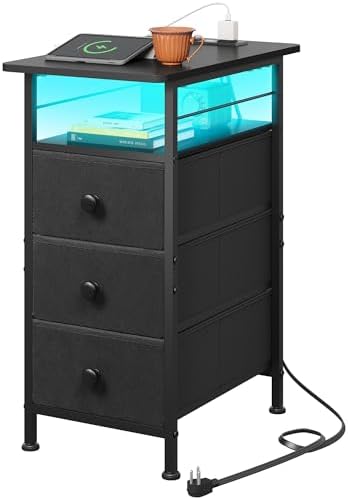 WLIVE Night Stand with Charging Station, End Table with 3 Fabric Drawers