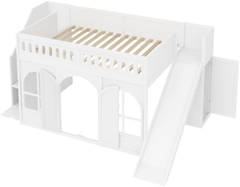 SOFTSEA Full Size Loft Bed with Storage Stairs and Slide for Kids, Playhouse Loft Bed Frame with Windows and Doors, Large Under Bed Space, White