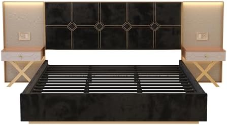 KEIKI King Upholstered Bed Frame with Floating Nightstands & Reading Lights