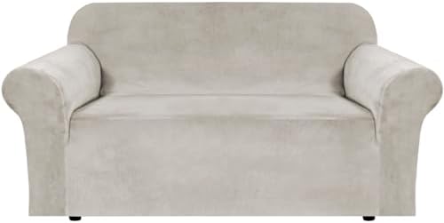 H.VERSAILTEX Stretch Velvet Loveseat Covers for 2 Cushion Couch Covers for Living Room Sofa Covers Slipcovers with Non Slip Straps Bottom, Ultra Thick Comfy Velour (Width 58"-72", Oatmeal)