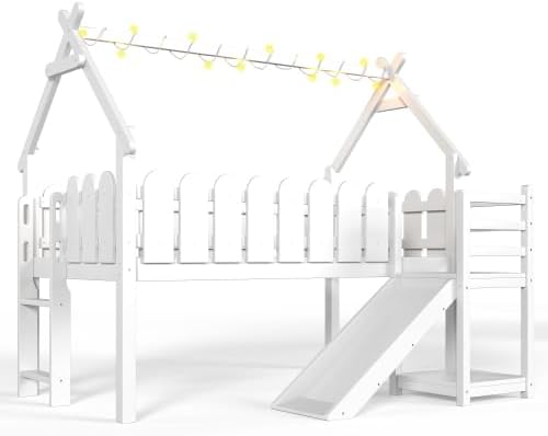 Bellemave Low Loft Bed Twin with Slide and Lights Strip for Kids, White
