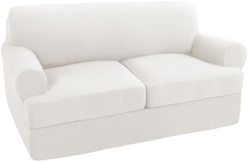 Turquoize 3 Piece T Cushion Loveseat Slipcovers Sofa Cover for Living Room Washable Sofa Slipcover Furniture Covers with 2 Individual T Cushion Seat Covers (2 Cushion Loveseat, Porcelain White)