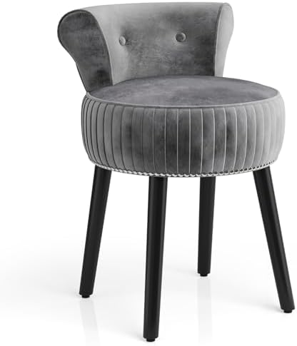 CHARMAID Velvet Vanity Chair for Bedroom, Elegant Accent Chair with Tufted Low Back, Solid Wood Legs, Upholstered Seat, Modern Makeup Stool for Dressing Room, Home Office (Gray & Black)