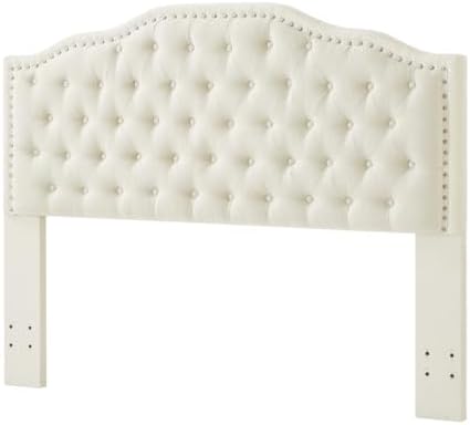 24KF Upholstered Button Tufted Queen Headboard with Nailhead Trim, Elegant Boucle Fabric Full headboard, 6031-Q-Boucle-Ivory